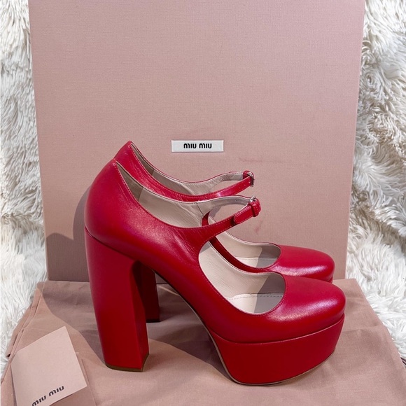 Authentic Miu Miu Mary Jane Red Leather High Heel Platform Pumps - Picture 2 of 9